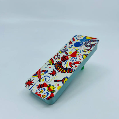 Vintage 1950s Litho Tin Ratchet Noisemaker Circus Clowns 4.5” New Years TB6