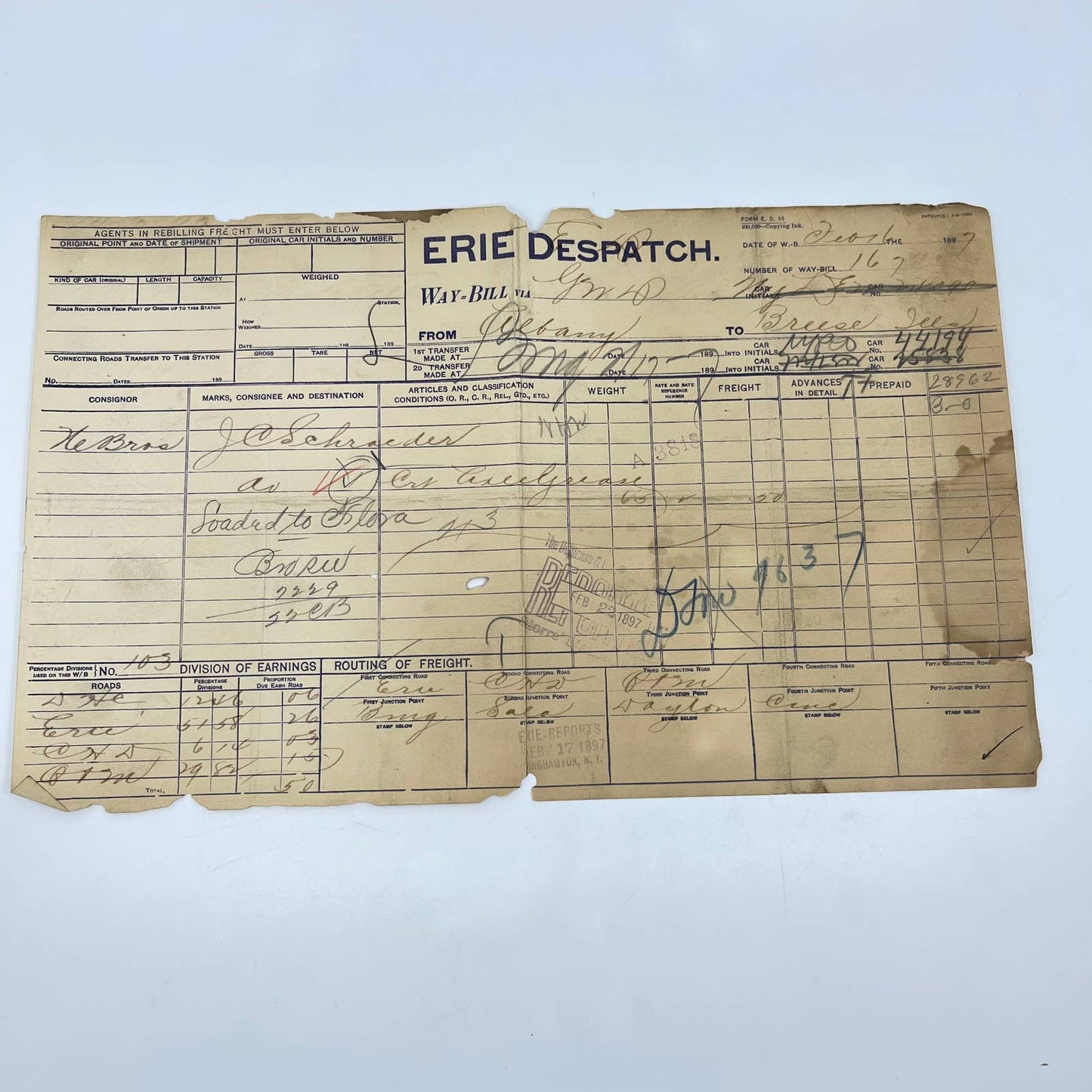 1897 B&O Railroad Erie Despatch Way Bill AB1