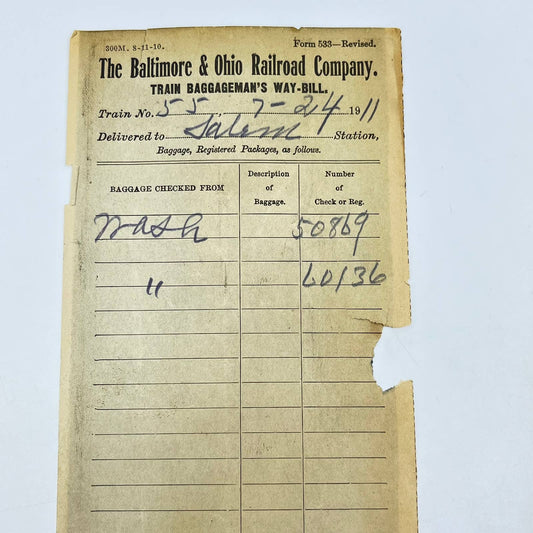1911 B&O Railroad RR Train Baggageman’s Way-Bill Salem Station AB2