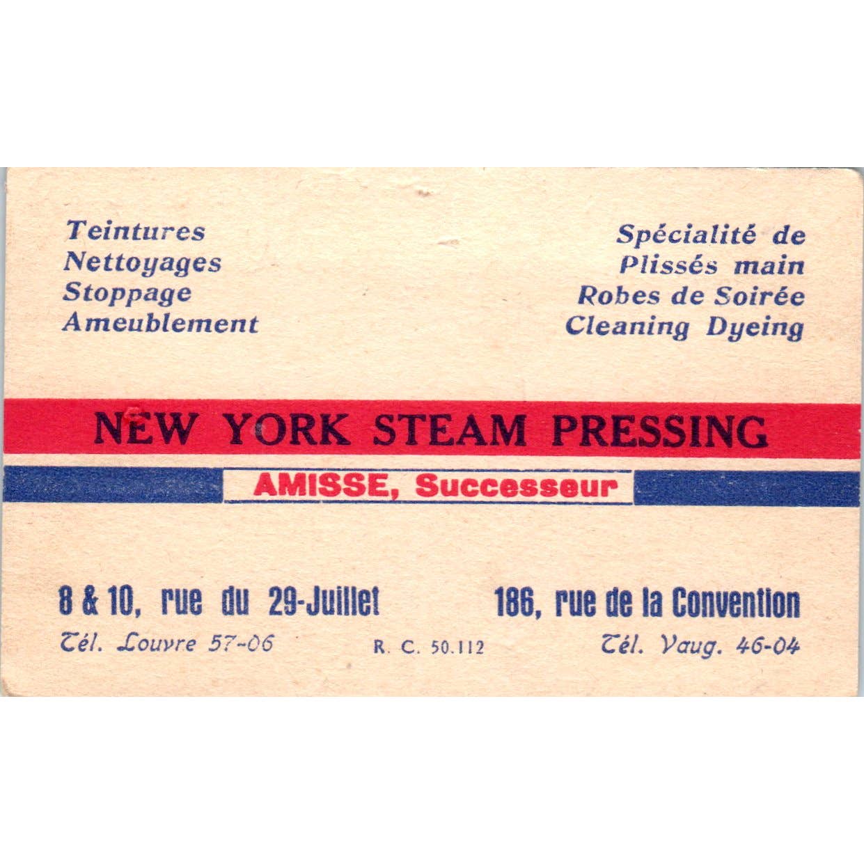 New York Steam Pressing Amisse, Successeur Vintage Business Card TK2-CC