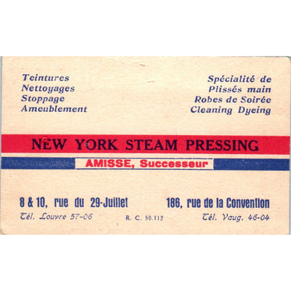 New York Steam Pressing Amisse, Successeur Vintage Business Card TK2-CC