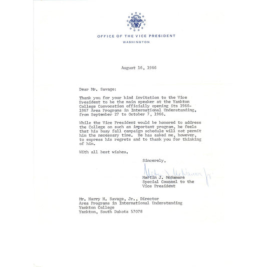 Vice President Official Letterhead Signed Martin J. McNamara Aug 16 1966 TK1-P6