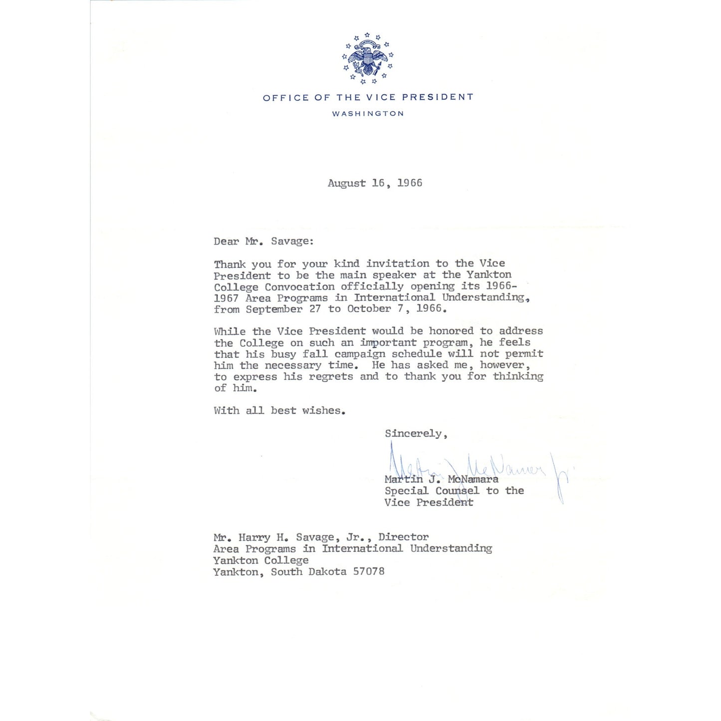 Vice President Official Letterhead Signed Martin J. McNamara Aug 16 1966 B11