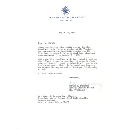 Vice President Official Letterhead Signed Martin J. McNamara Aug 16 1966 B11