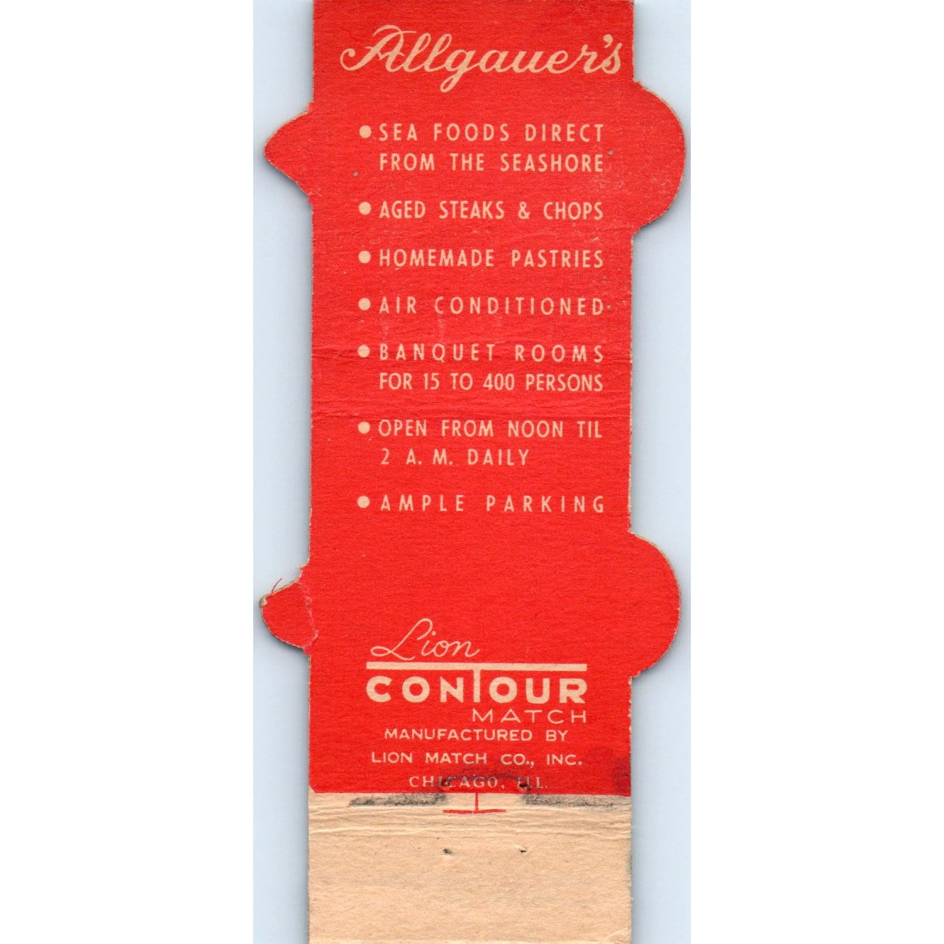 Allgauer's Restaurant Lobster Chicago Die Cut Advertising Matchbook Cover SA6-M4