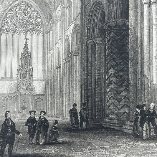 1842 Original Art Engraving Durham Cathedral - View of the Nave AC6