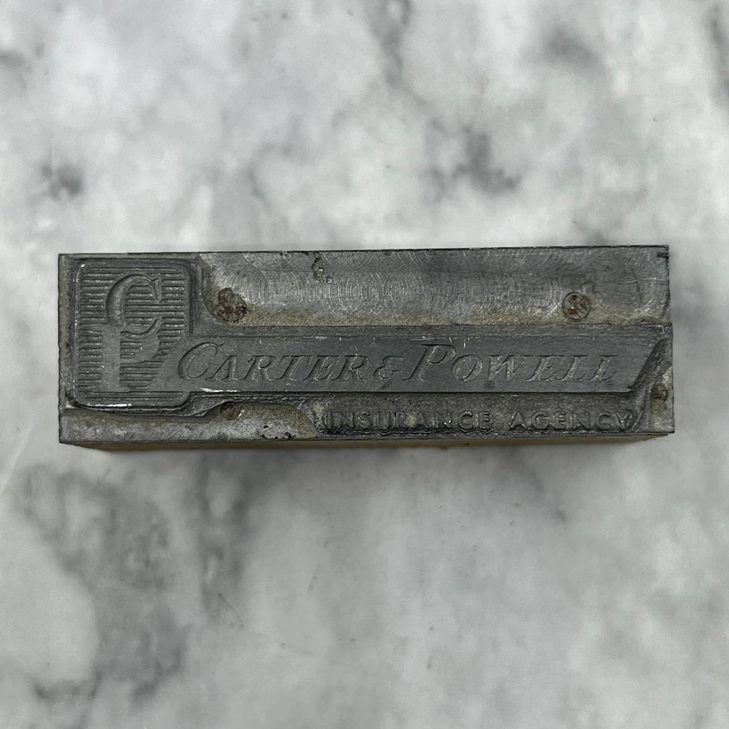 Vtg Letterpress Printers Block Plate Carter Powell Insurance Agency Logo TJ55
