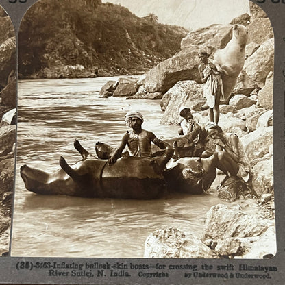 Bullock Skin Boats Himalayan River Sutlej N India Antique Stereoview Card TJ9-V1