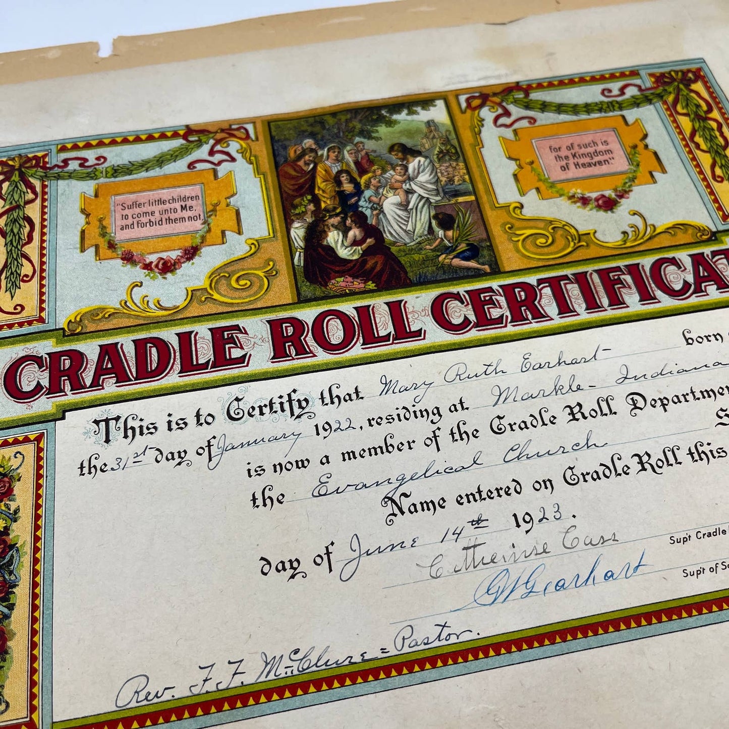 1923 Cradle Roll Certificate Mary Ruth Earhart Markle IN Rev F.F. McClure FL4