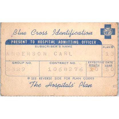 1950 Blue Cross Identification Card Carl W.K. Anderson SE5