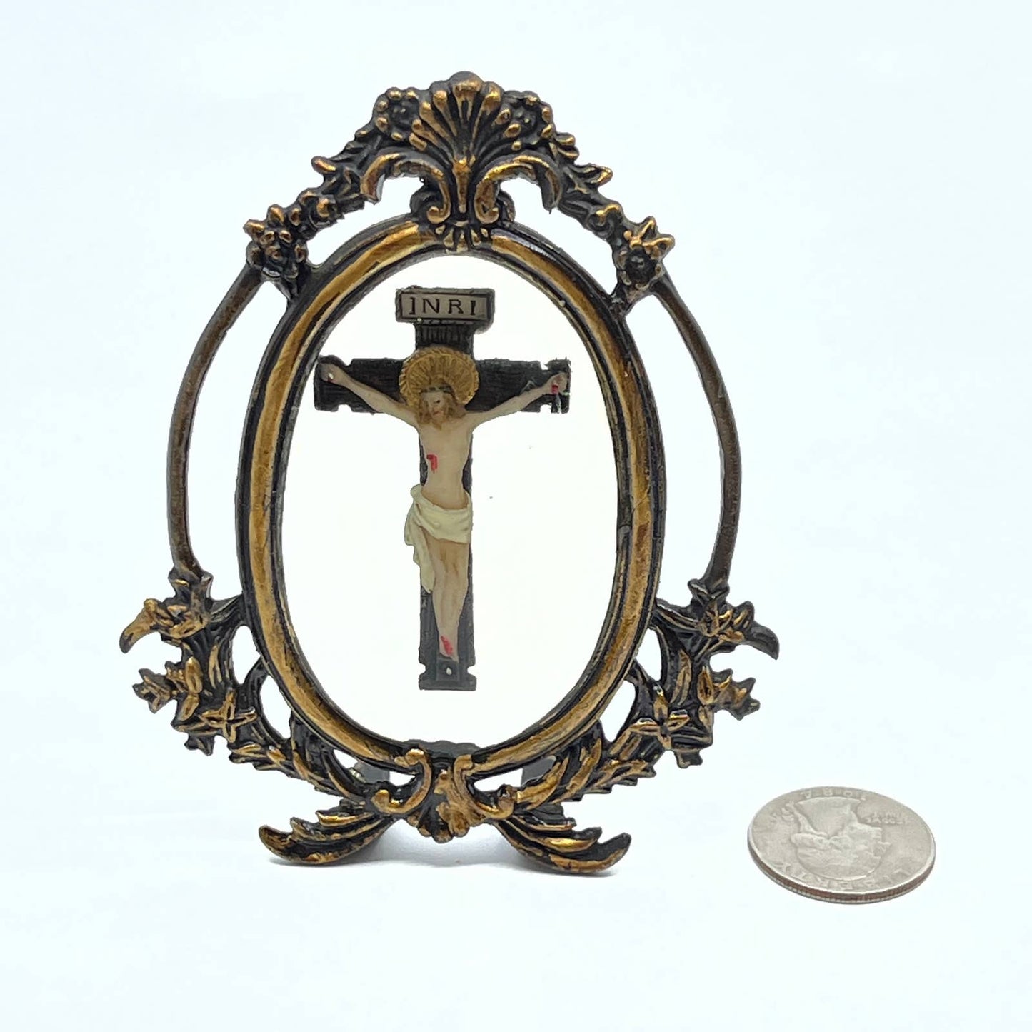 Vintage Baroque Christ On Cross Encased in Glass w/ Metal Frame Crucifix SD7-2