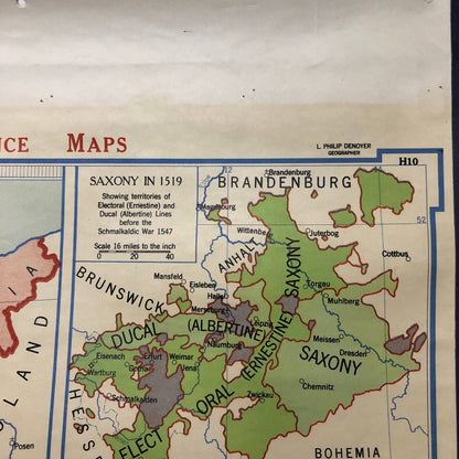 LARGE 1956 Denoyer-Geppert Co. Wall Map Germany at the Time of Reformation 1547