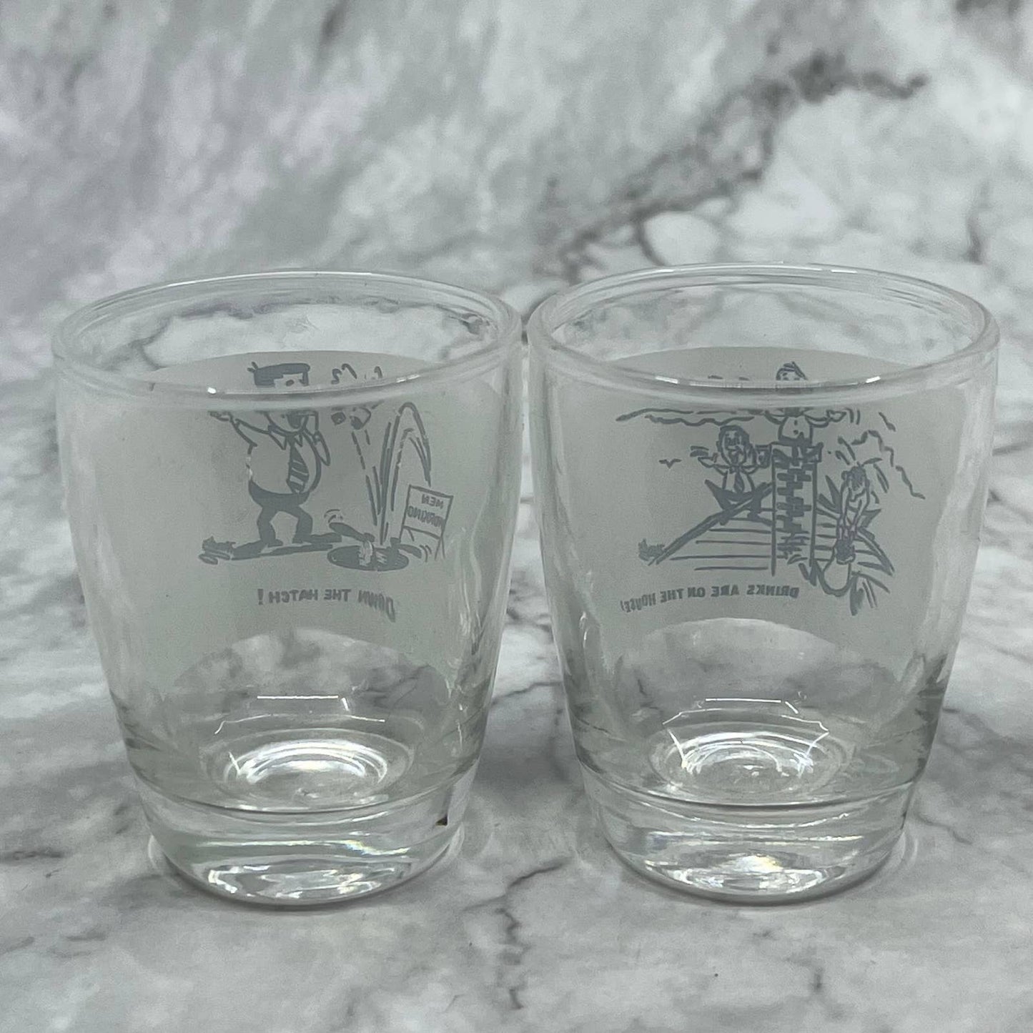 Vintage MCM Shot Glass Set Humor DRINKS ARE ON THE HOUSE & DOWN THE HATCH TI9