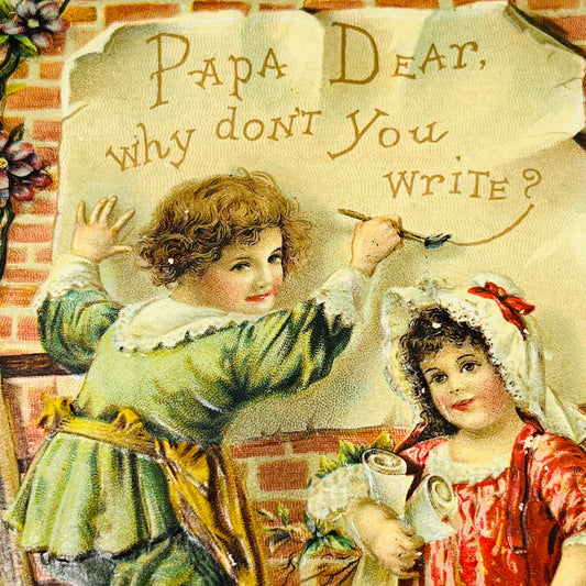 1910s Post Card Embossed Victorian Boy and Girl Painting Sign For Papa PA7