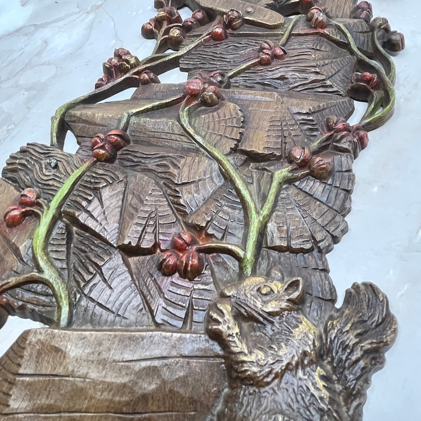 1972  Burwood Resin Wall Hanging Plaque Old Wood Pile Squirrel Hand Saw 18x7 TK3