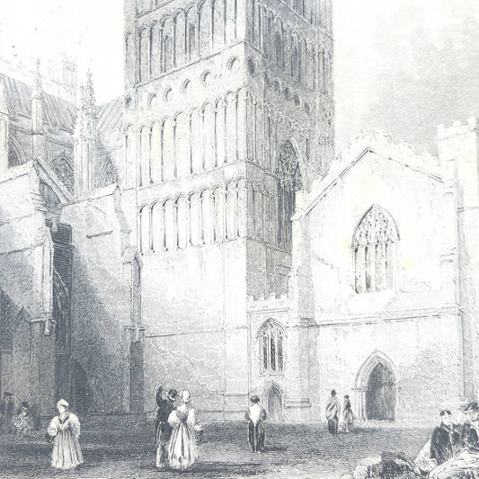 1836 Original Art Engraving Exeter Cathedral View of the Southern Tower AC4