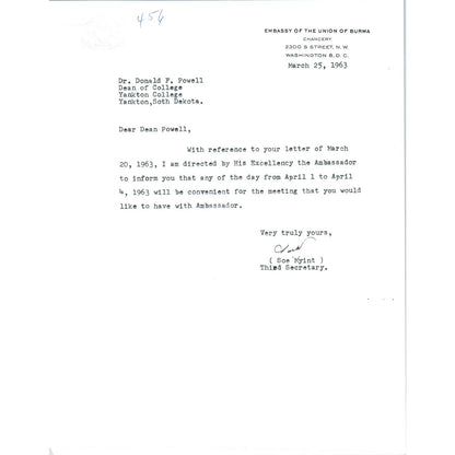 Embassy of The Union of Burma Official Letterhead Memo Soe Myint 1963 TK1-P10