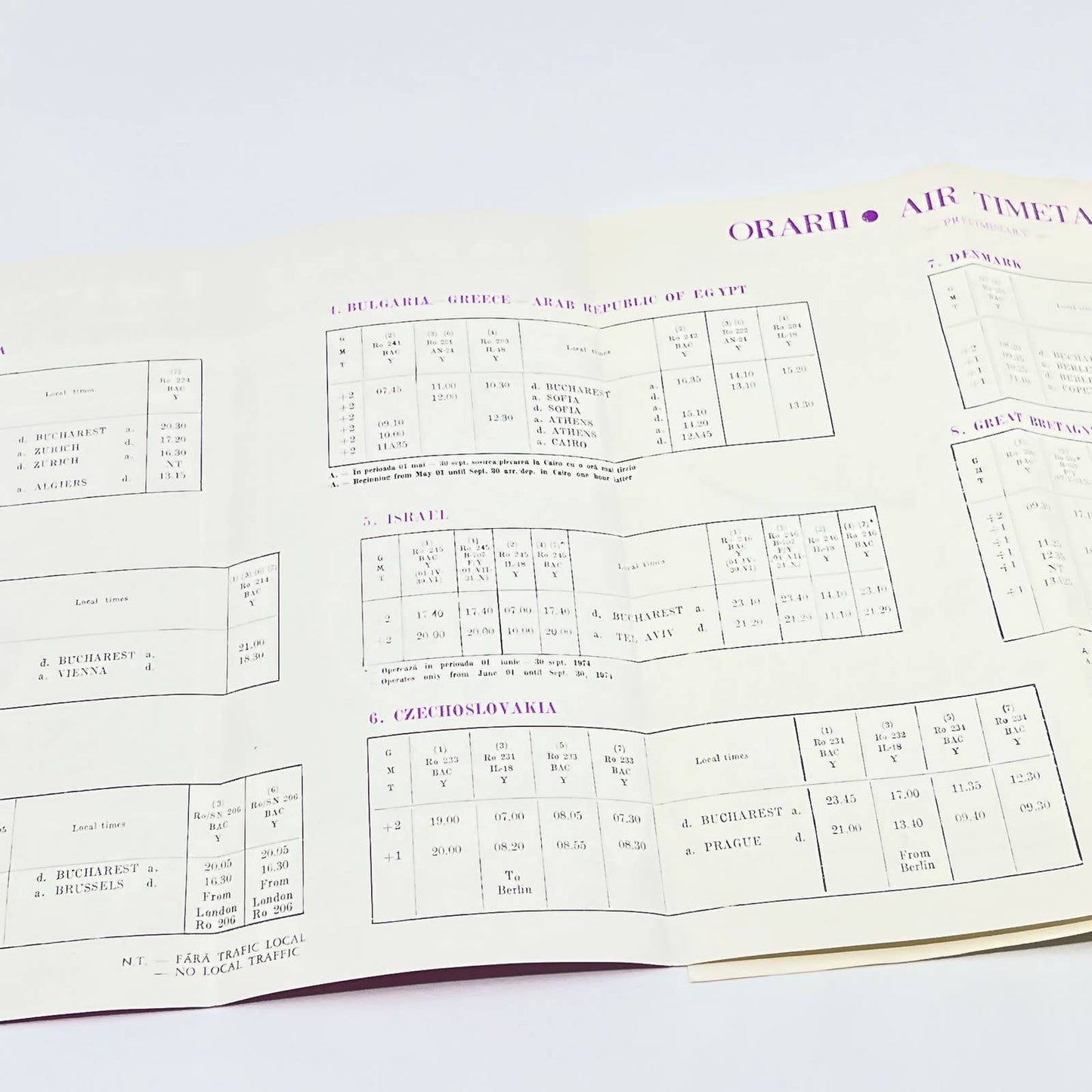 1974 Romanian Air Airlines Tarom Domestic Timetable Orarii AB9