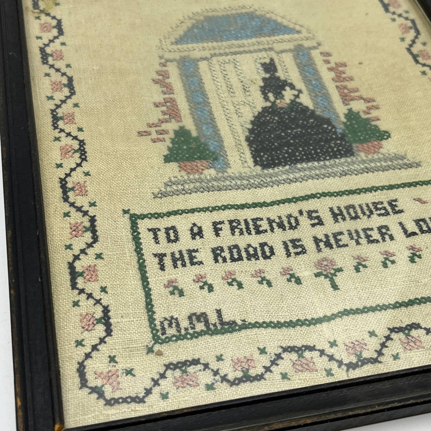 1930 Framed Cross Stitch Sampler To a Friend's House the Road is Never Long TG3