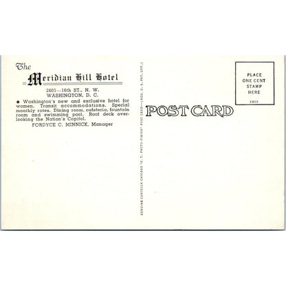 Meridian Hill Hotel Fordyce C, Minnick Washington D.C. Original Postcard P1-16