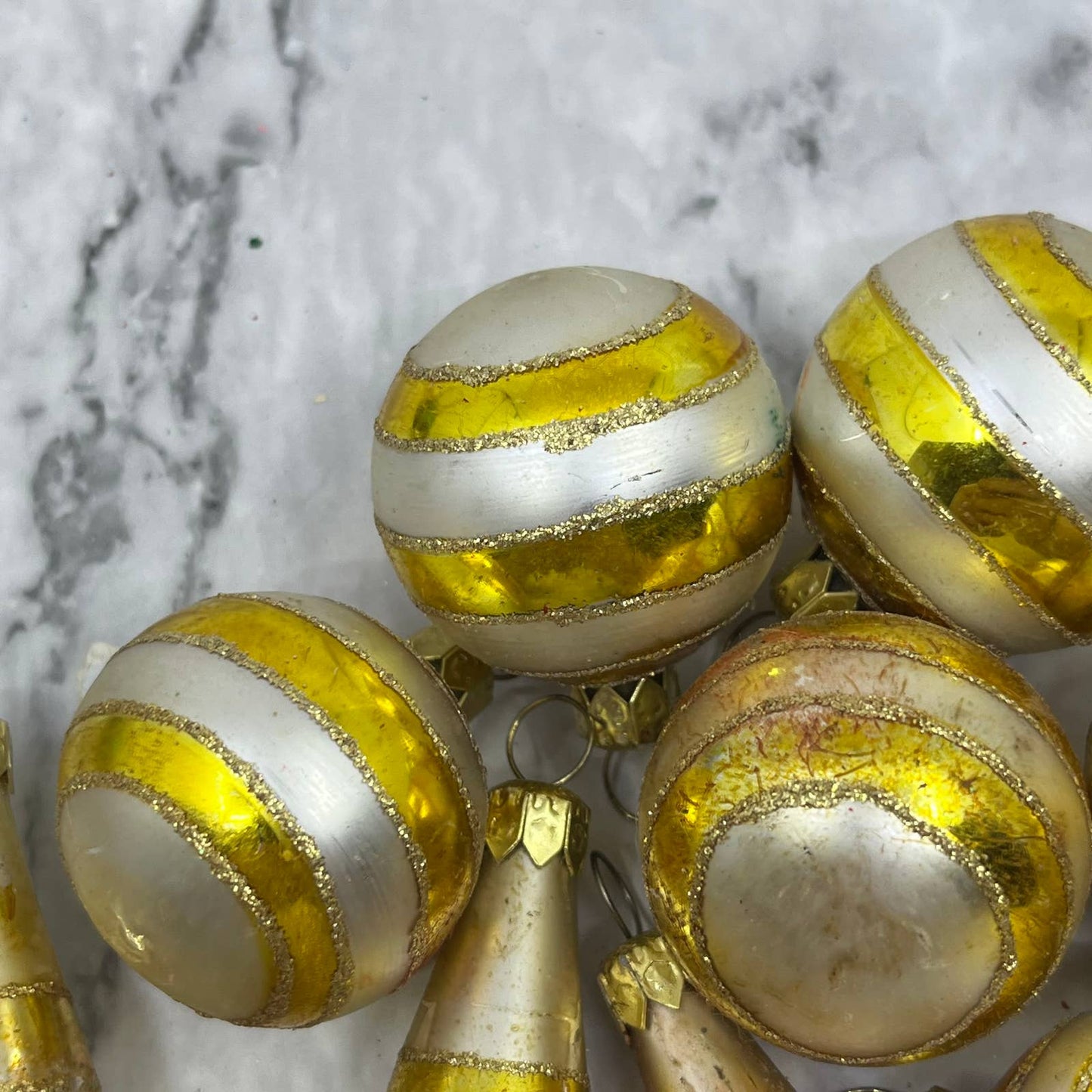 Vintage Lot of 11 Small Mercury Glass Ornaments White Gold Mica OT1