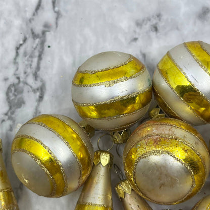 Vintage Lot of 11 Small Mercury Glass Ornaments White Gold Mica OT1