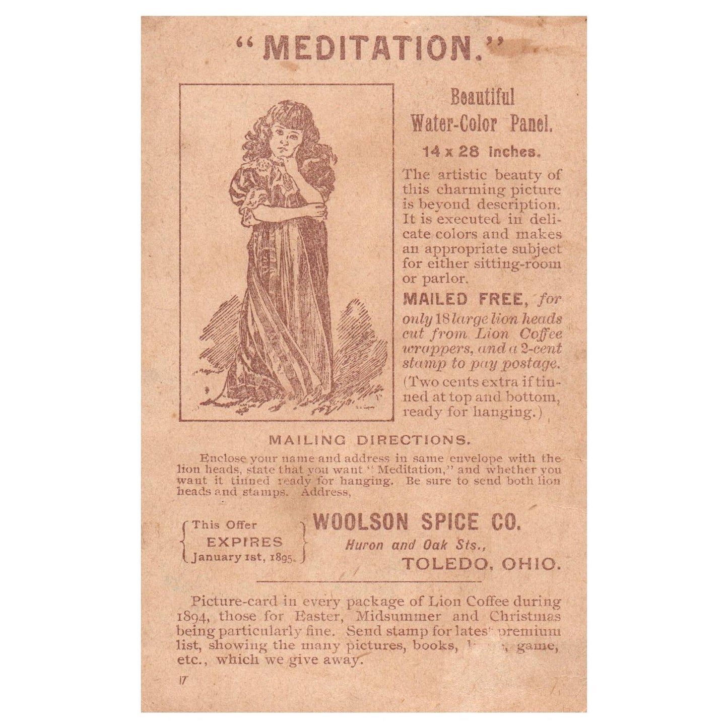 Woolson Spice Co "Meditation" - 1880s Victorian Trade Card TJ8-3