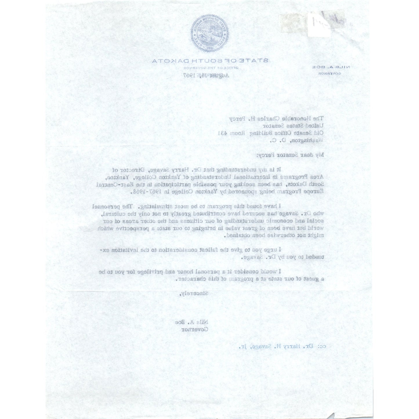 Official South Dakota Governor Letterhead Signed Nils A. Boe Aug 1967 B15