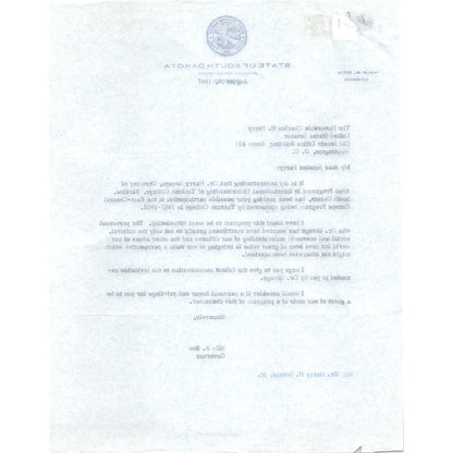Official South Dakota Governor Letterhead Signed Nils A. Boe Aug 1967 B15