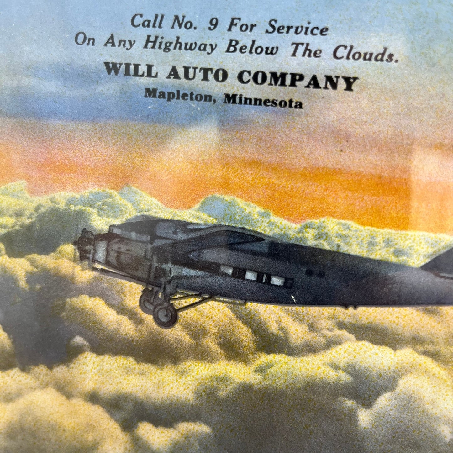 Vintage WWII Era Framed Advertising Airplane Will Auto Company Mapleton MN 9x7