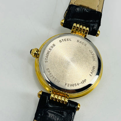 Vintage Gold Tone Enamel Face Watch Leather Band SA6
