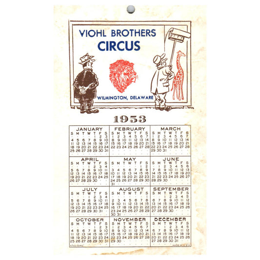 1953 Viohl Brothers Circus Advertising Calendar Wilmington Delaware SE4