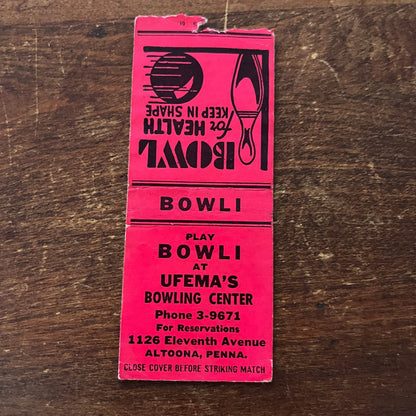 Bowli Ufema's Bowling Center Altoona PA Advertising Matchbook Cover SB3-M4