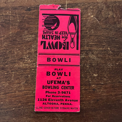 Bowli Ufema's Bowling Center Altoona PA Advertising Matchbook Cover MM11-8
