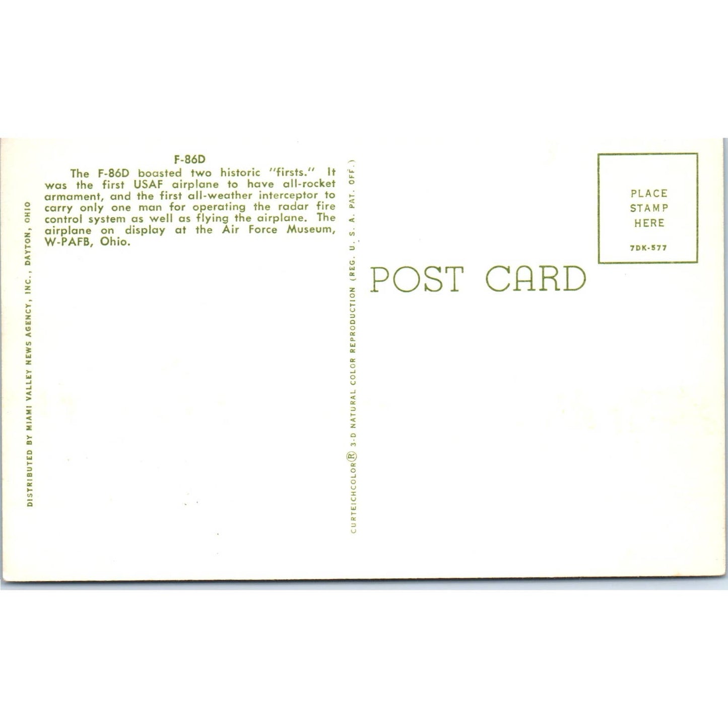 Vintage Postcard USAF F-86D Warplane EA3