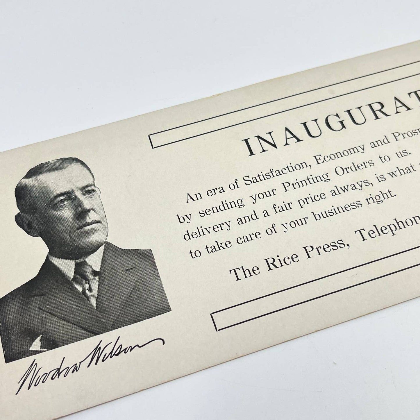 1910s Blotter Card The Rice Press Woodrow Wilson Inauguration Flint MI SC8