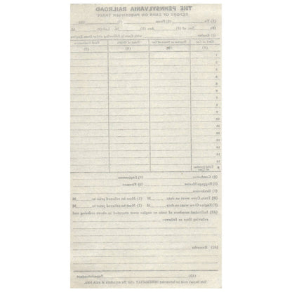 1928 The Pennsylvania Railroad Report of Cars on Passenger Train Blank Form AD8