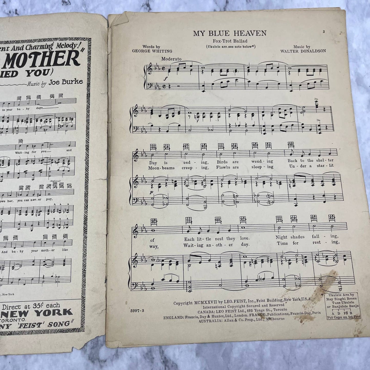 1927 Sheet Music My Blue Heaven Fox Trot Walter Donaldson Jessie Crawford TH5