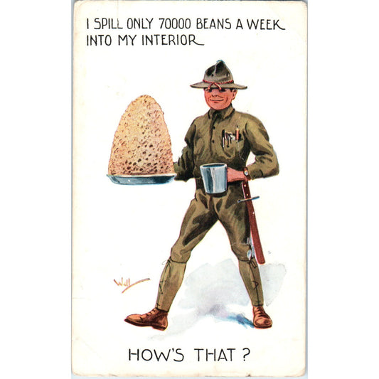 WW1 Wall Doughboy ...7000 Beans A Week Humor Postcard P2-11