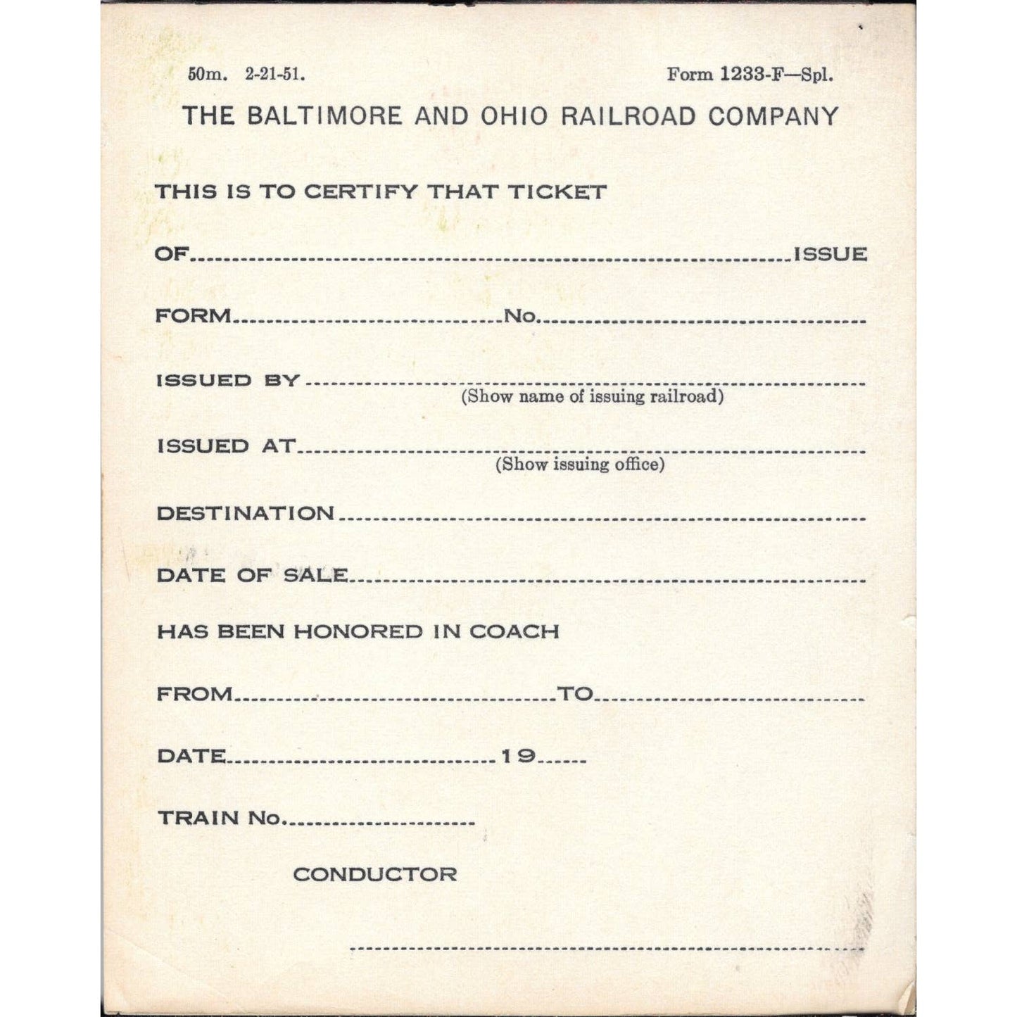 1951 Baltimore & Ohio Railroad B&O RR Ticket Certification Slip Blank Pad TJ7