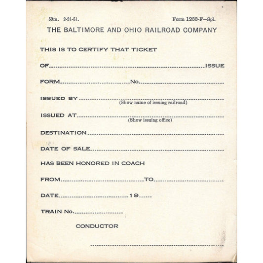 1951 Baltimore & Ohio Railroad B&O RR Ticket Certification Slip Blank Pad TJ7