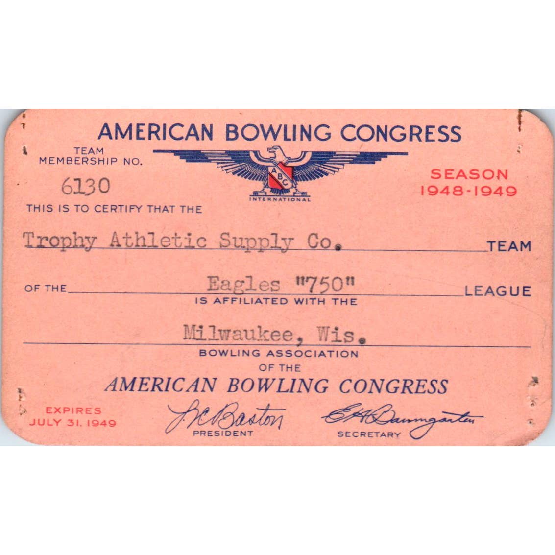 1948 American Bowling Congress Milwaukee Membership Card Eagles 750 SE5-9