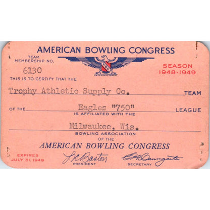1948 American Bowling Congress Milwaukee Membership Card Eagles 750 SE5-9