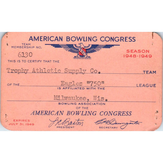 1948 American Bowling Congress Milwaukee Membership Card Eagles 750 SE5-9