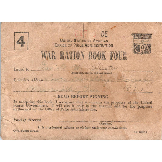 1943 WWII War Ration Book 4 With Stamps AD4