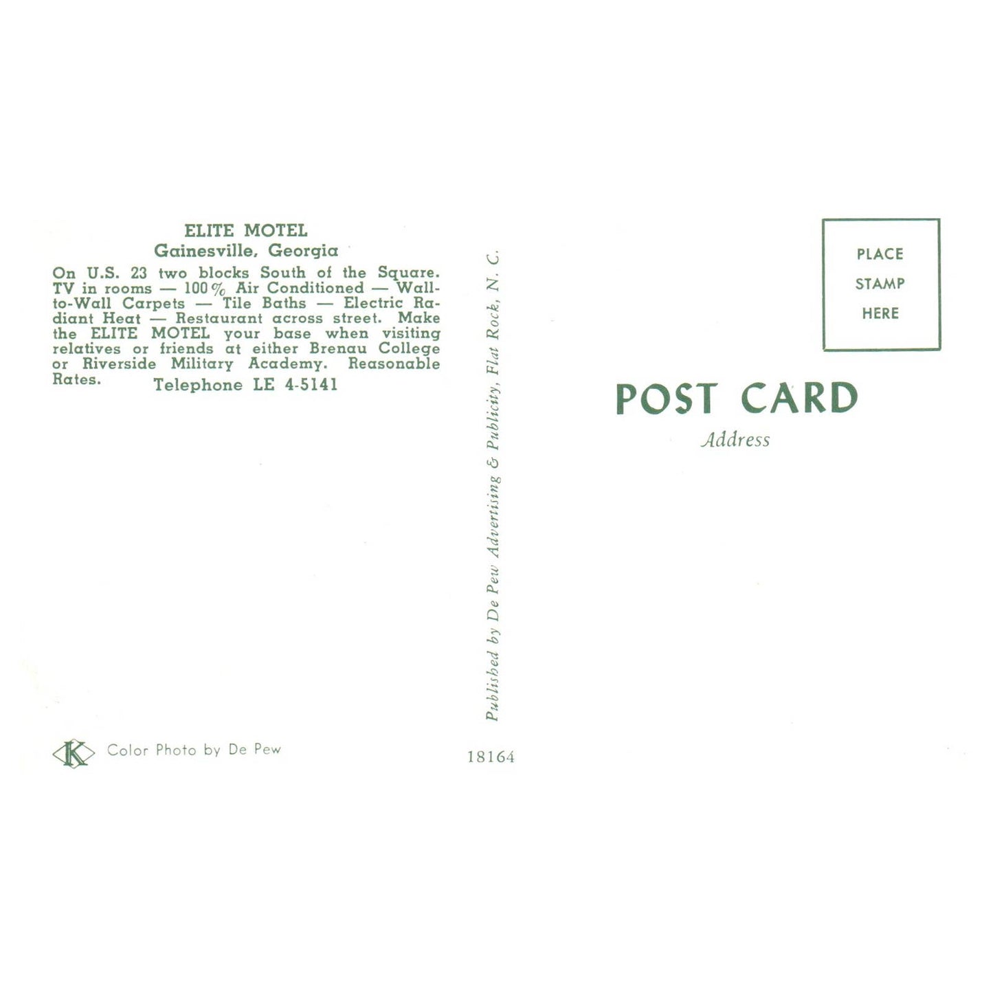 Vintage Postcard - Elite Motel Gainesville Georgia AD9