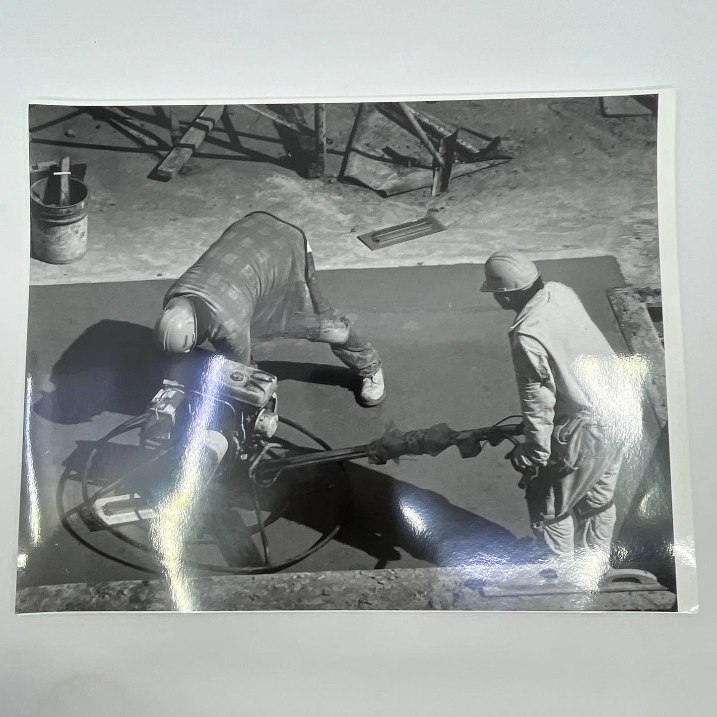 Vtg Original Art B&W Photo Construction Workers Power Trowel Cement 11x14 FL4