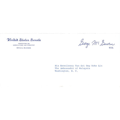 Original Senate Envelope Senator George McGovern to Malaysia Ambassador B12
