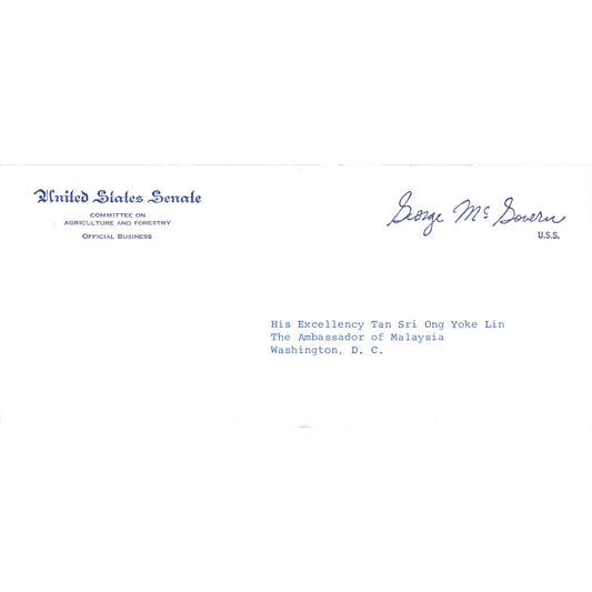Original Senate Envelope Senator George McGovern to Malaysia Ambassador B12