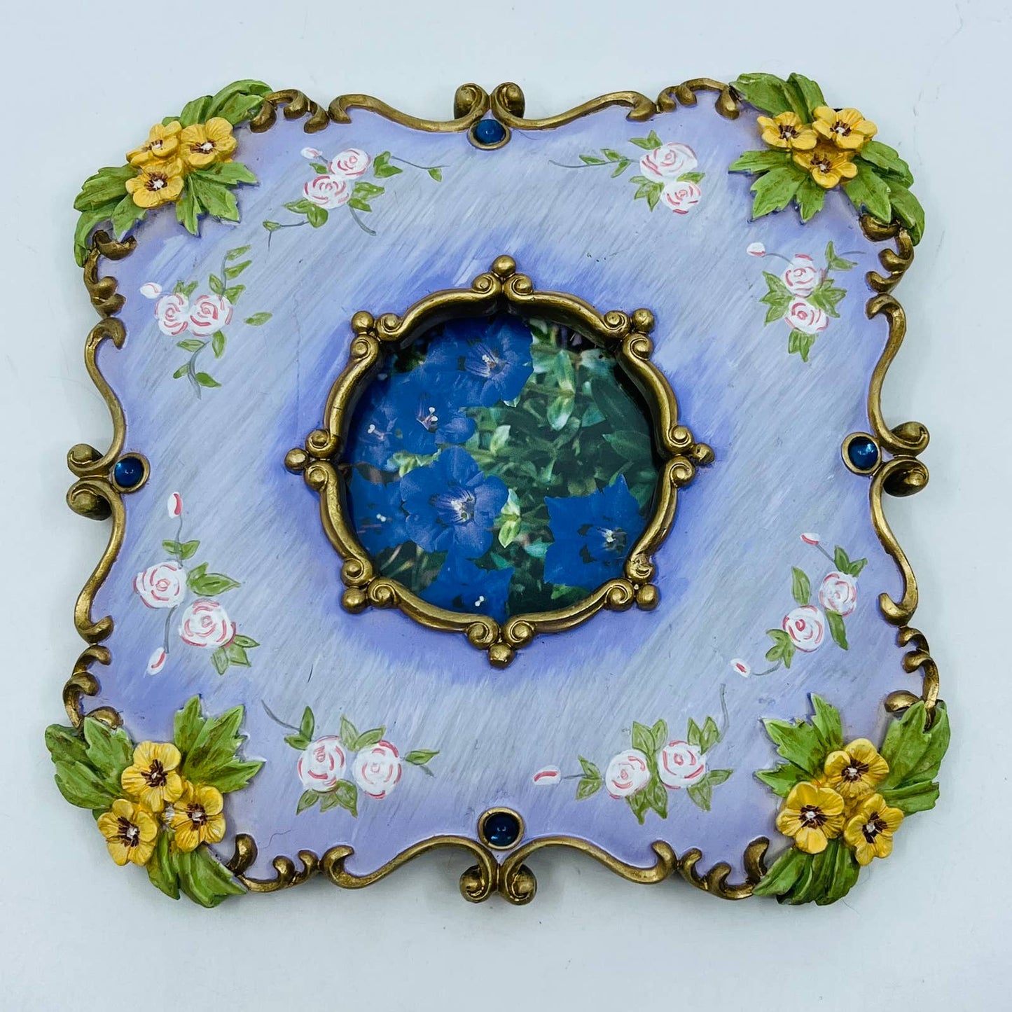 VTG Ornate Cast Resin Hand Painted Floral Frame 6 1/2 x 6 1/2 Fits 3x3 Pic TC1